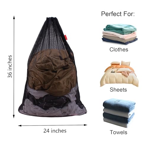 DuomiW 2 Pack Mesh Laundry Bags, 24 x 36 Inches Heavy Duty Drawstring Bag, Factories, College, Dorm, Travel and Apartment Dwellers, Black - Image 2
