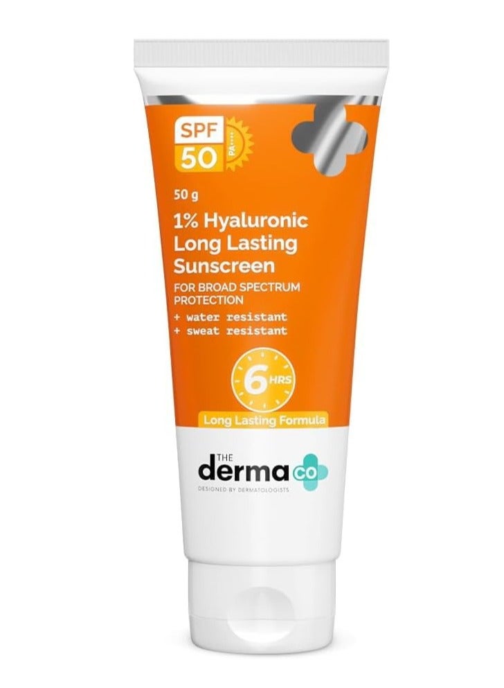 ذا ديرما كو واقي شمس طويل الأمد بحمض الهيالورونيك بنسبة 1%، عامل حماية من الشمس 50 Pa++++، مع حمض الهيالورونيك وفيتامين E لحماية واسعة الطيف، 50 غرام، لجميع أنواع البشرة | حماية من الشمس لمدة 6 ساعات | مقاوم للماء والعرق