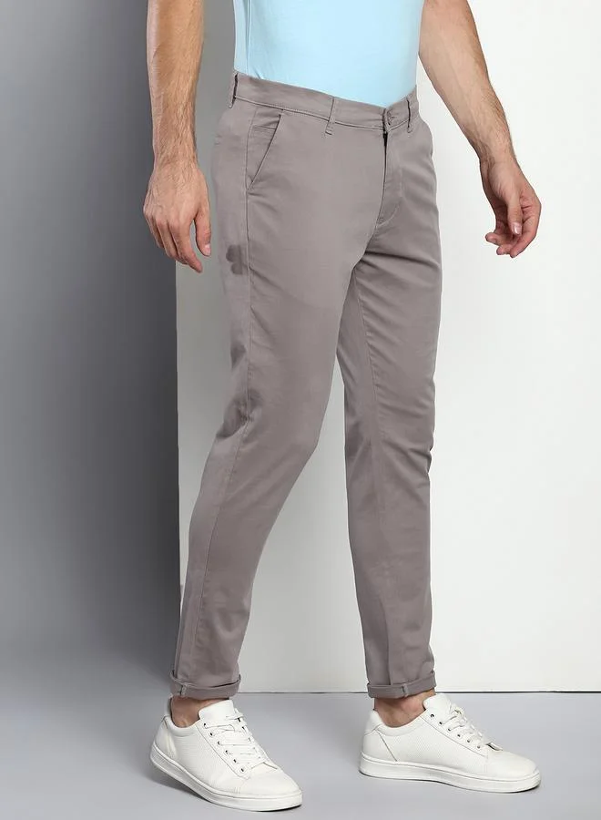 Dennis Lingo Men's Tapered Fit Graphite Grey Cotton Chinos - Mid-Rise, Full Length, Button & Zip Closure,