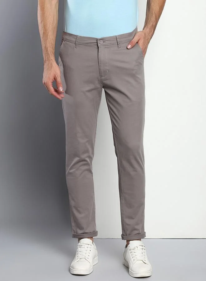 Dennis Lingo Men's Tapered Fit Graphite Grey Cotton Chinos - Mid-Rise, Full Length, Button & Zip Closure,
