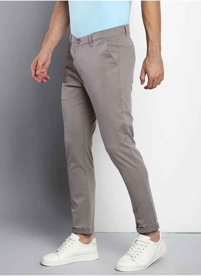 دينيس لينغو Men's Tapered Fit Graphite Grey Cotton Chinos - Mid-Rise, Full Length, Button & Zip Closure,