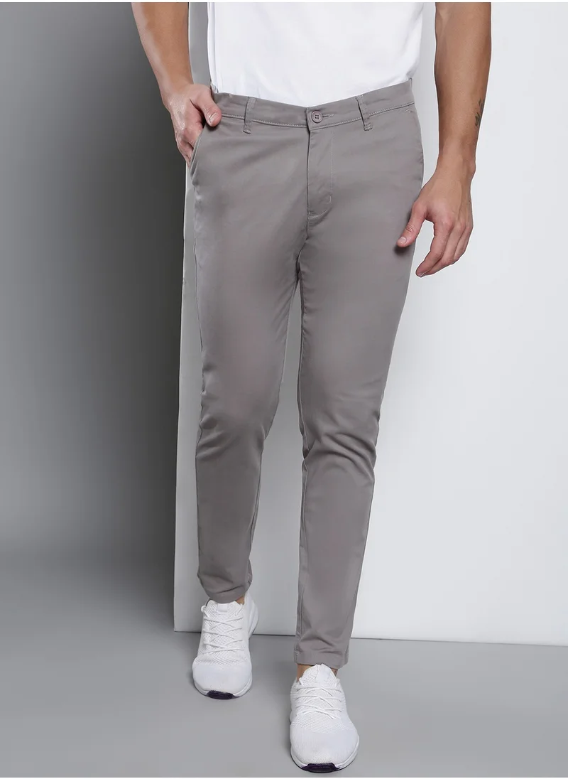 Dennis Lingo Men's Tapered Fit Graphite Grey Cotton Chinos - Mid-Rise, Full Length, Button & Zip Closure