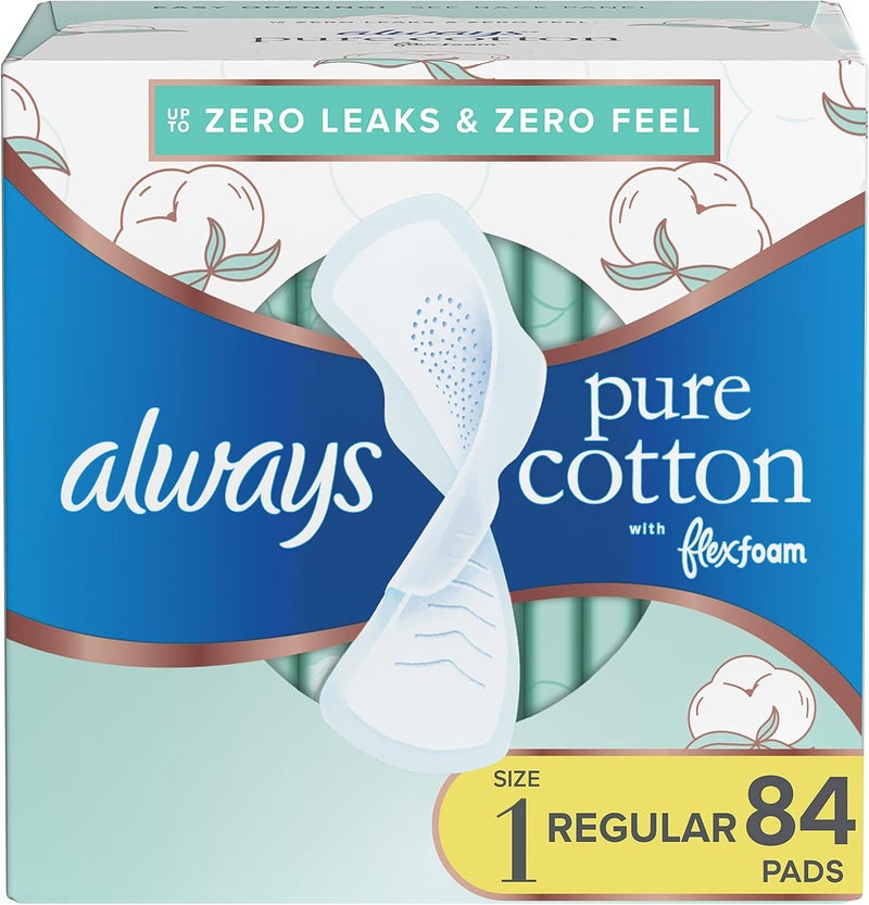 Always Pure Cotton with Flexfoam Pads, Size 1,Regular Absorbency 28 Count (Pack of 3)