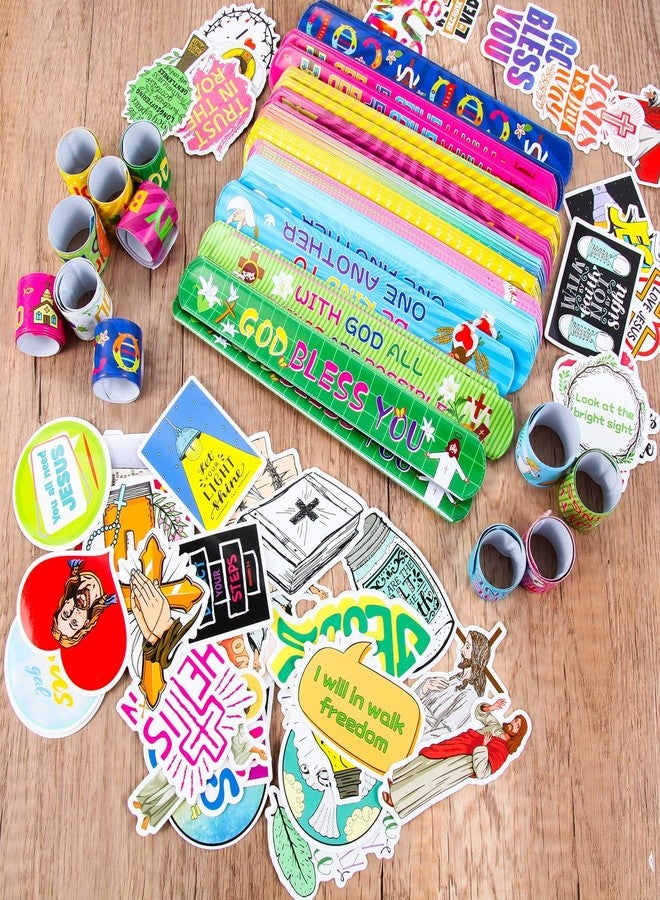 Kolewo4ever 244 Pieces Bible Verses Gifts Set:144 Pieces Bible Verses Slap Bracelets Religious Christian Wristbands 100 Pieces Stickers for Church Gatherings and Additional Activities - Image 4