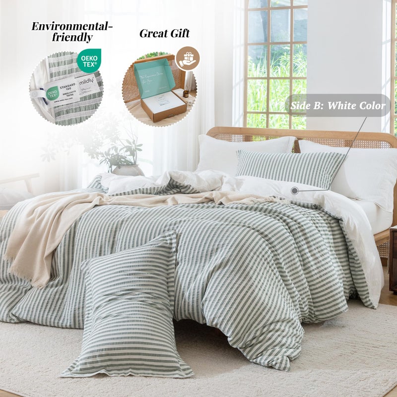 MILDLY Jacquard Stripe Duvet Cover - 100% Washed Cotton Sage Green Textured Spring Comforter Cover 3pcs with Zipper Closure 104"x90" - Image 3