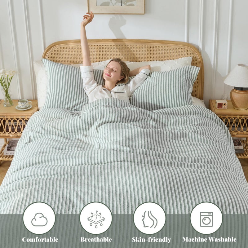 MILDLY Jacquard Stripe Duvet Cover - 100% Washed Cotton Sage Green Textured Spring Comforter Cover 3pcs with Zipper Closure 104"x90" - Image 2