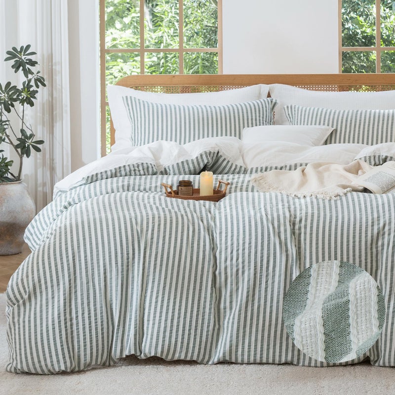 MILDLY Jacquard Stripe Duvet Cover - 100% Washed Cotton Sage Green Textured Spring Comforter Cover 3pcs with Zipper Closure 104"x90" - Image 1