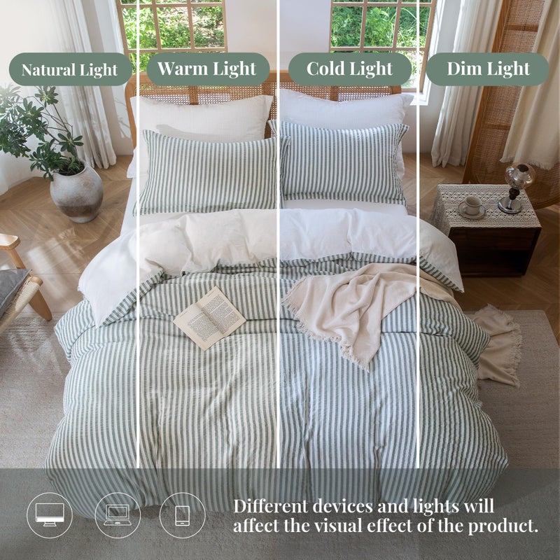 MILDLY Jacquard Stripe Duvet Cover - 100% Washed Cotton Sage Green Textured Spring Comforter Cover 3pcs with Zipper Closure 104"x90" - Image 4