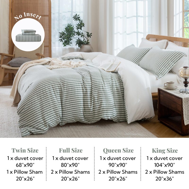 MILDLY Jacquard Stripe Duvet Cover - 100% Washed Cotton Sage Green Textured Spring Comforter Cover 3pcs with Zipper Closure 104"x90" - Image 5