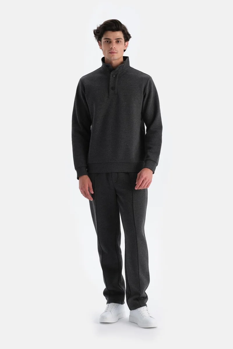 داجي Anthracite Melange Men's Button Collar Sweatshirt with Inside Raised Hem