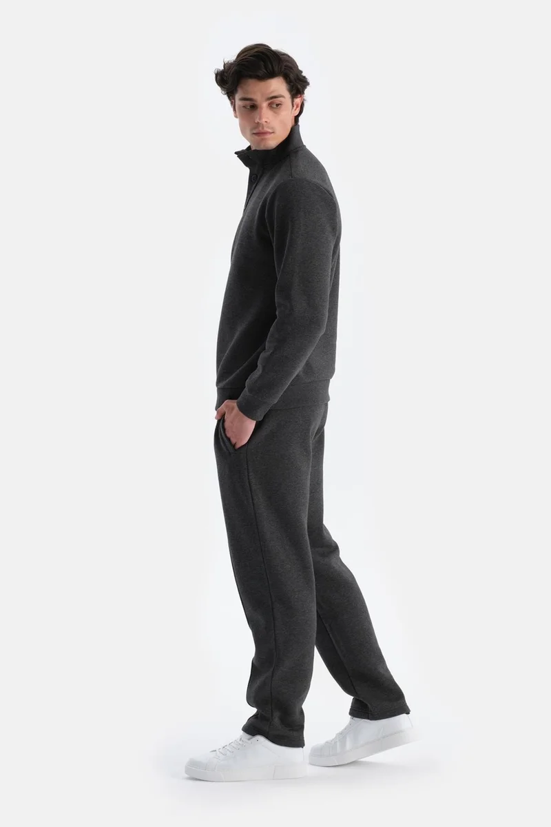 داجي Anthracite Melange Men's Button Collar Sweatshirt with Inside Raised Hem
