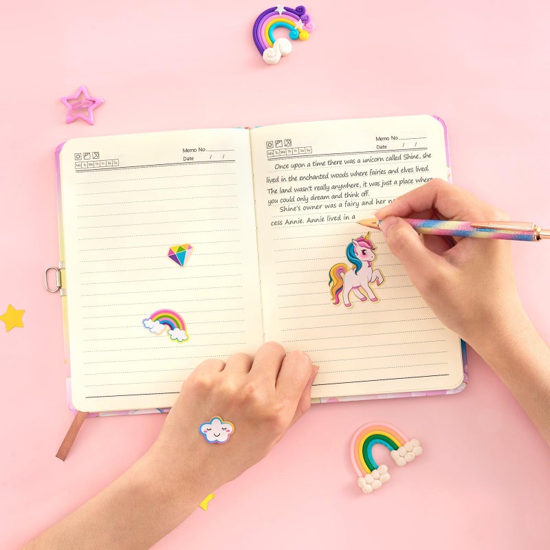 Wernnsai WERNNSAI Rainbow Notebook Set - Glitter Journal Set for Girls Kids Birthday Christmas Gift School Travel Secret Diary A5 Lined Memos Writing Drawing Notepad Ballpoint Pen Stickers Tape with Lock Keys  - Image 3
