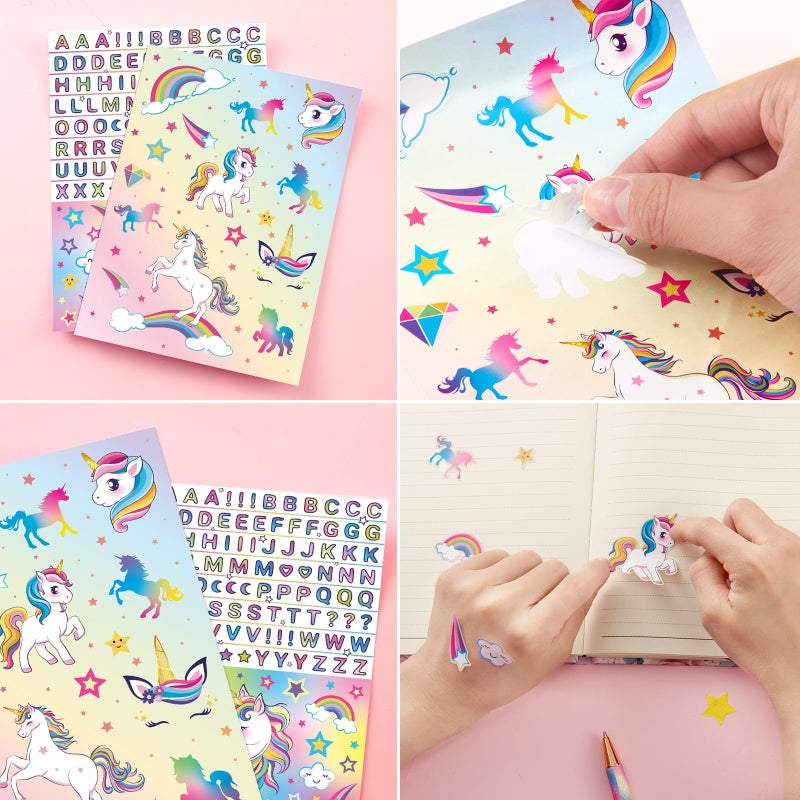 Wernnsai WERNNSAI Rainbow Notebook Set - Glitter Journal Set for Girls Kids Birthday Christmas Gift School Travel Secret Diary A5 Lined Memos Writing Drawing Notepad Ballpoint Pen Stickers Tape with Lock Keys  - Image 5