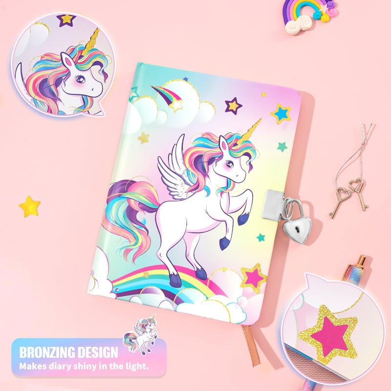 Wernnsai WERNNSAI Rainbow Notebook Set - Glitter Journal Set for Girls Kids Birthday Christmas Gift School Travel Secret Diary A5 Lined Memos Writing Drawing Notepad Ballpoint Pen Stickers Tape with Lock Keys  - Image 2