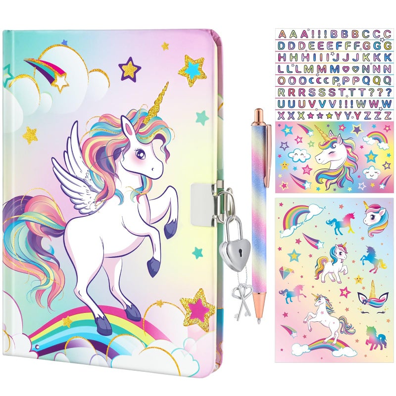 Wernnsai WERNNSAI Rainbow Notebook Set - Glitter Journal Set for Girls Kids Birthday Christmas Gift School Travel Secret Diary A5 Lined Memos Writing Drawing Notepad Ballpoint Pen Stickers Tape with Lock Keys  - Image 1