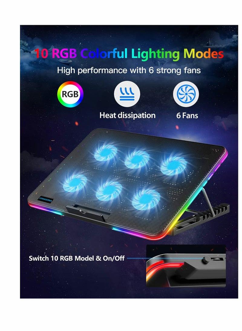 KASTWAVE Laptop Cooling Pad, KASTWAVE Laptop Cooler with 6 Quiet Fans for 15.6-17 Inch Gaming Fan Stable Stand, 7 Height Adjust, RGB Light 10 Modes, Switch Control Fan Speed, 2 USB Port & Phone Holder  - Image 2