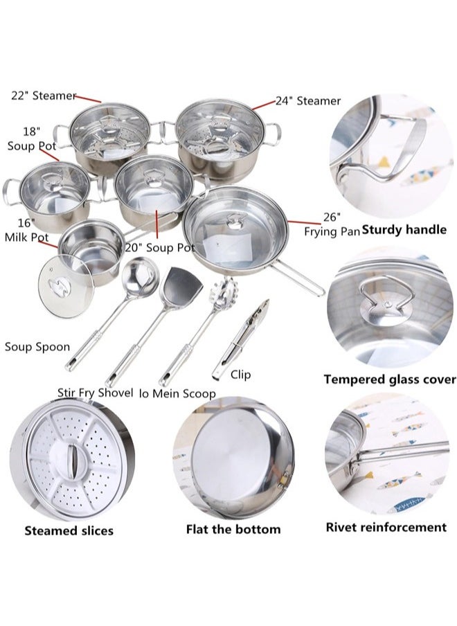 18 Pcs Stainless Steel Pots and Pan Set Kitchen Cookware Sets Stock Pot Steamer Set with Lids Nonstick Cookware Set with Kitchen Utensils and Tools for Home Camp Cooking