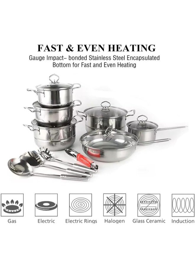 18 Pcs Stainless Steel Pots and Pan Set Kitchen Cookware Sets Stock Pot Steamer Set with Lids Nonstick Cookware Set with Kitchen Utensils and Tools for Home Camp Cooking