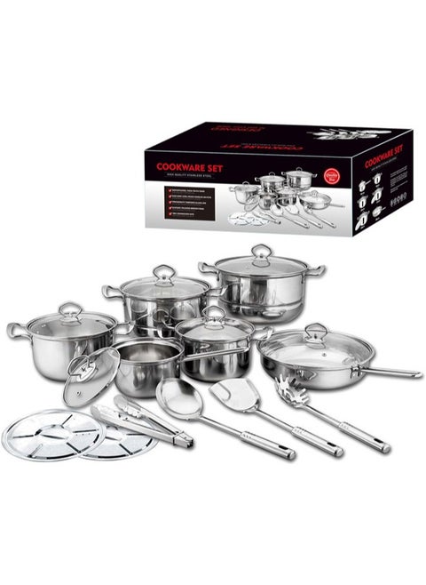 18 Pcs Stainless Steel Pots and Pan Set Kitchen Cookware Sets Stock Pot Steamer Set with Lids Nonstick Cookware Set with Kitchen Utensils and Tools for Home Camp Cooking