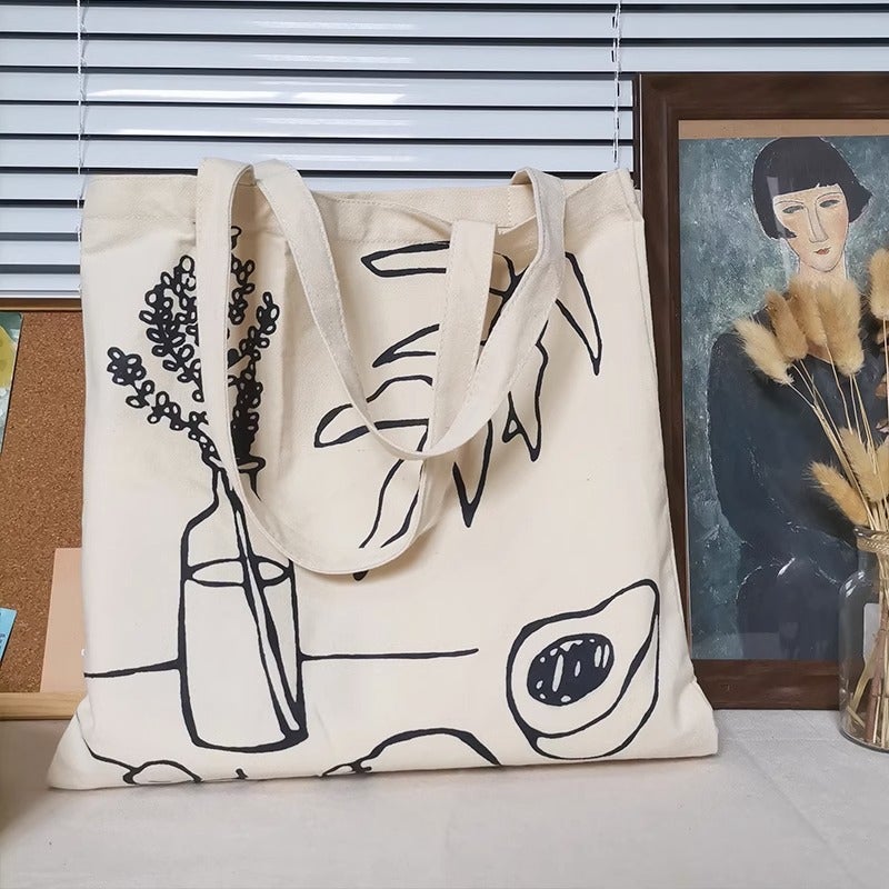 Women's Canvas Tote Bag with Leaf and Bottle Print - Image 4
