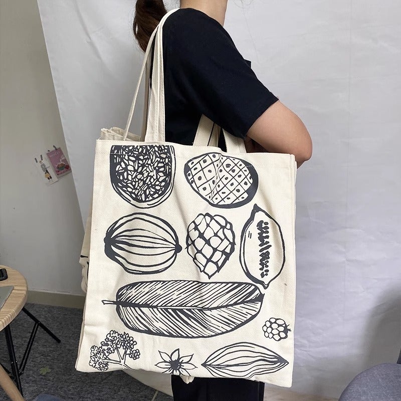 Women's Canvas Tote Bag with Leaf and Bottle Print - Image 2