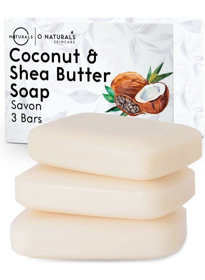 أو ناتشورالز مجموعة من 3 قطع صابون جوز الهند العضوي وزبدة الشيا من O NATURALS، وزن كل قطعة 4 أونصة - صابون نباتي 100%، مصنوع يدويًا باستخدام طريقة المعالجة الباردة، معطر، فاخر، أساسي - صابون طبيعي للرجال والنساء والوجه والجسم  - Image 1