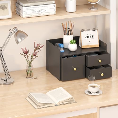 Xadgve Bamboo Desk Organizer - Stackable, No Assembly Required, Ideal for Office/Home Use - Perfect for Toiletries, Stationery, Accessories. (Black, Square drawer to the left of the fence) - Image 3