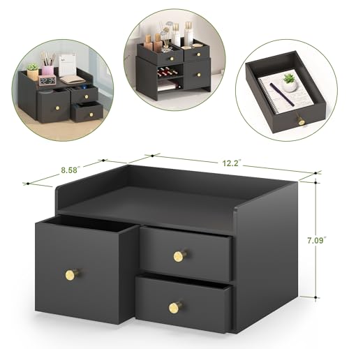 Xadgve Bamboo Desk Organizer - Stackable, No Assembly Required, Ideal for Office/Home Use - Perfect for Toiletries, Stationery, Accessories. (Black, Square drawer to the left of the fence) - Image 2