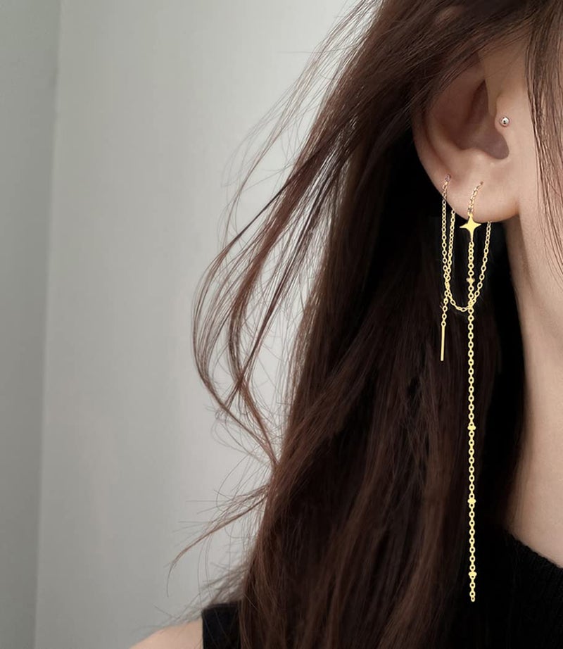 SLUYNZ أقراط دائرية طويلة متدلية من فضة ستيرلنج 925 على شكل نجمة للنساء والفتيات المراهقات (بذهبي) - Image 3