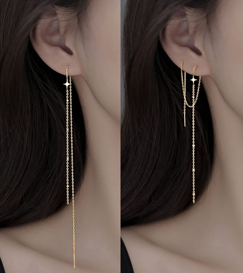 SLUYNZ أقراط دائرية طويلة متدلية من فضة ستيرلنج 925 على شكل نجمة للنساء والفتيات المراهقات (بذهبي) - Image 2