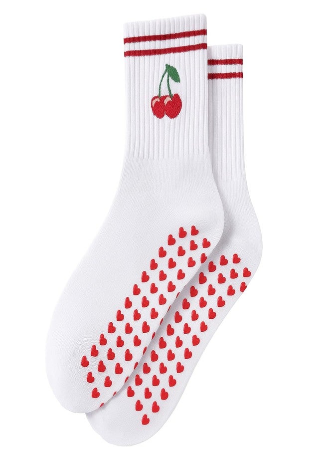 Flavizo Cherry Grip Socks for Women Yoga Pilates, Anti Slip Footwear with Rubber Sole Non Skid Design, Soft Cotton Skid Sock for Home Fitness Studio Floor Workouts - Image 1