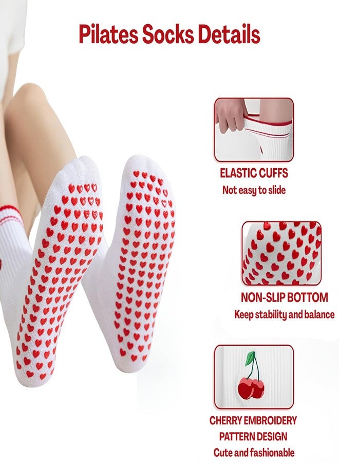 Flavizo Cherry Grip Socks for Women Yoga Pilates, Anti Slip Footwear with Rubber Sole Non Skid Design, Soft Cotton Skid Sock for Home Fitness Studio Floor Workouts - Image 2
