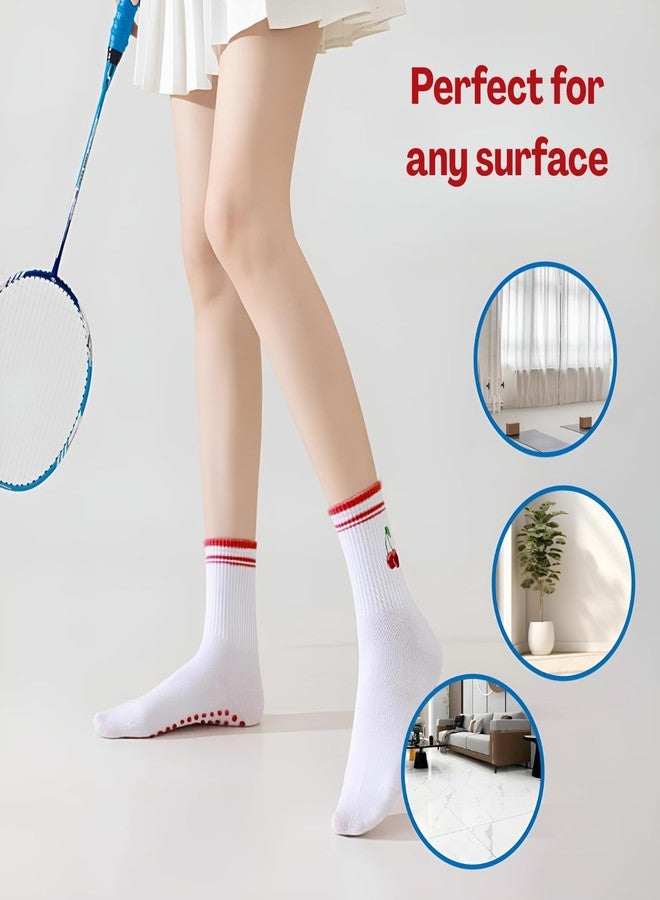 Flavizo Cherry Grip Socks for Women Yoga Pilates, Anti Slip Footwear with Rubber Sole Non Skid Design, Soft Cotton Skid Sock for Home Fitness Studio Floor Workouts - Image 3