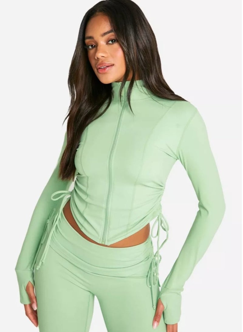 Vicino Women's 2-Piece Activewear Set: Long Sleeve Sweatshirt with Side Tie and Long Front Zip and Wide Leg Pants with a Distinctive Workout Look - Light Green