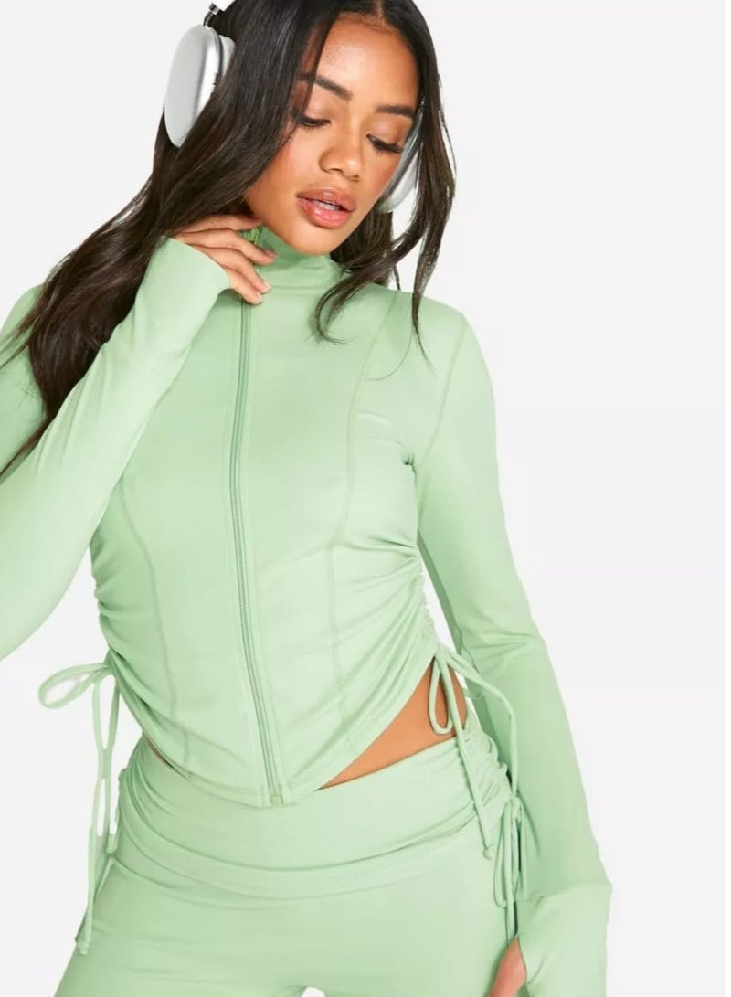 Vicino Women's 2-Piece Activewear Set: Long Sleeve Sweatshirt with Side Tie and Long Front Zip and Wide Leg Pants with a Distinctive Workout Look - Light Green