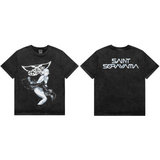 Cross-border European and American fashion brand Saint letter pattern printed washed old short sleeve T-shirt mens and womens American high street half sleeve 971 wash water black - pzsku/Z406970975F46772EF122Z/45/1750436187/12e81cf2-9f68-45ce-99aa-a0be82fb725c