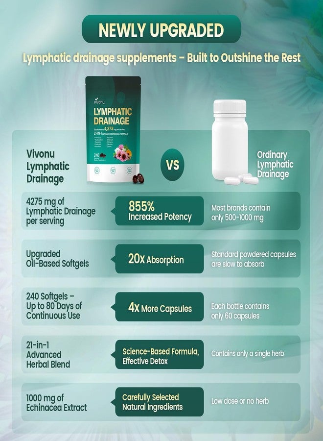 VivoNu مكملات تصريف اللمف، 240 كبسولة لينة، 4275 ملغ مكمل دعم نظام اللمف للنساء والرجال، مزيج عشبي 21 في 1 مع الإخناسيا، الهندباء، الأرقطيون، البروميلين، القطيفة، الكركم والمزيد - Image 4