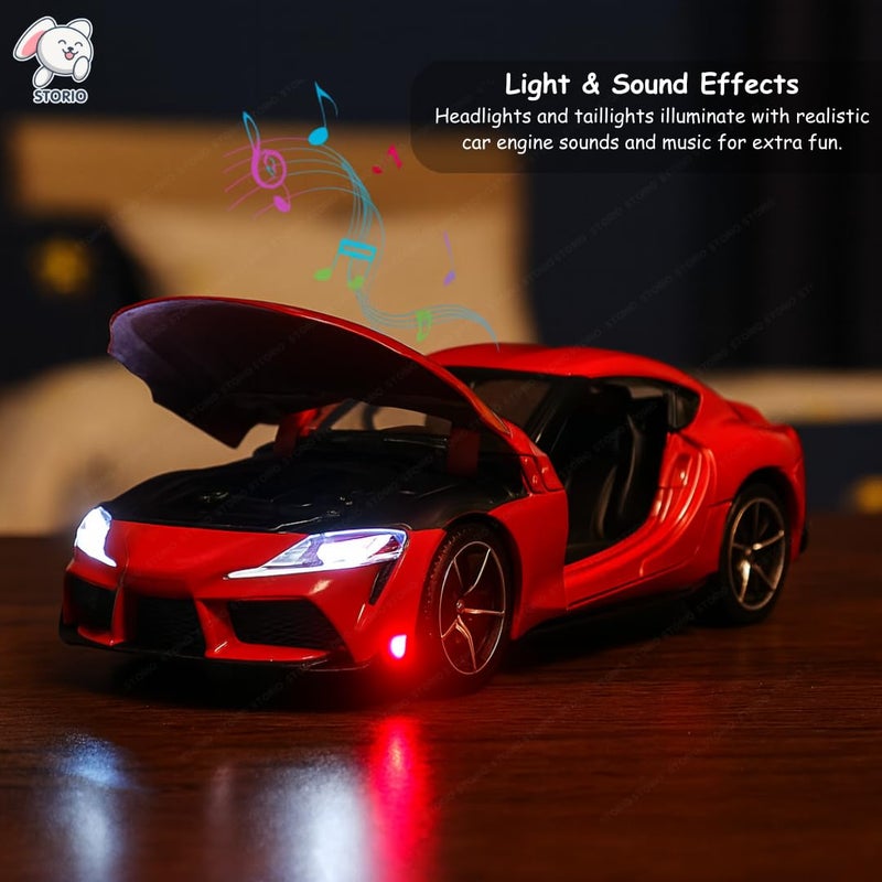 Storio سيارات معدنية مصبوبة 1:32 | سيارات ألعاب ذات حركة سحب للخلف مع أبواب قابلة للفتح وأضواء | نموذج سبائك للأطفال | سيارات مصغرة قابلة للجمع للأولاد والبنات من 3 سنوات فما فوق (تويوتا سوبرا) - Image 4