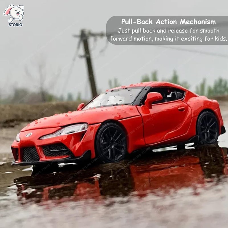 Storio سيارات معدنية مصبوبة 1:32 | سيارات ألعاب ذات حركة سحب للخلف مع أبواب قابلة للفتح وأضواء | نموذج سبائك للأطفال | سيارات مصغرة قابلة للجمع للأولاد والبنات من 3 سنوات فما فوق (تويوتا سوبرا) - Image 5