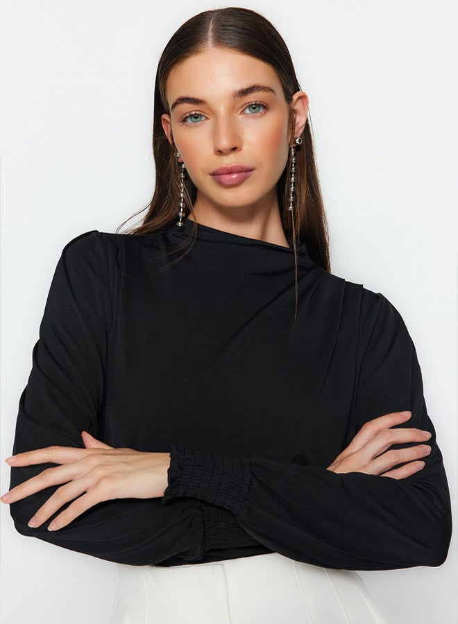 trendyol Black High Collar Regular Fit Gipe Detailed Flexible Knitted Blouse - Image 2