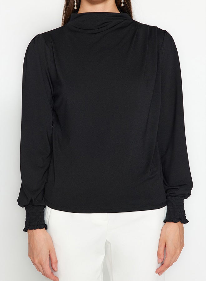 trendyol Black High Collar Regular Fit Gipe Detailed Flexible Knitted Blouse - Image 4