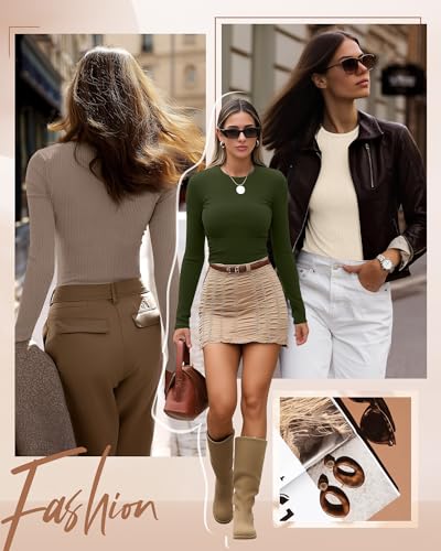 Ficerd 3 Pack Womens Ribbed Long Sleeve Tops Crew Neck Slim Fit Undershirts Knit Basic Casual Stretch Layering Tee ShirtsArmy Green Light Beige Light KhakiSmall - Image 3
