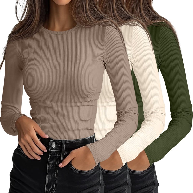 Ficerd 3 Pack Womens Ribbed Long Sleeve Tops Crew Neck Slim Fit Undershirts Knit Basic Casual Stretch Layering Tee ShirtsArmy Green Light Beige Light KhakiSmall - Image 2