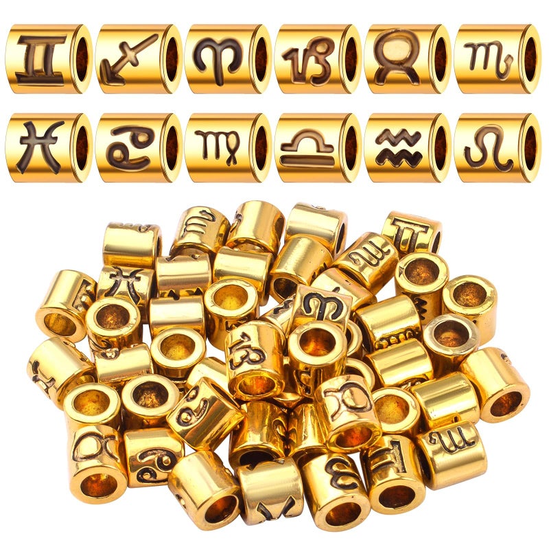 BronaGrand 60pcs Antique Silver Zodiac Spacer Beads Alloy 12 Constellations Tube Beads with Large Hole for Necklace Bracelet,4mm Hole - Image 1