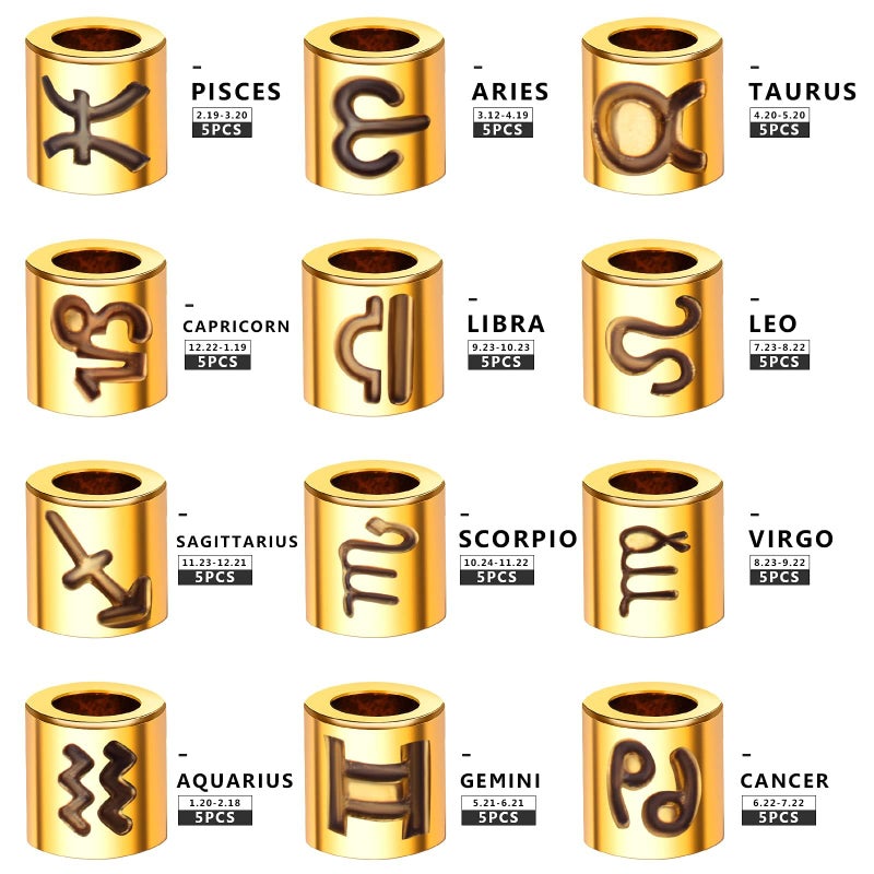 BronaGrand 60pcs Antique Silver Zodiac Spacer Beads Alloy 12 Constellations Tube Beads with Large Hole for Necklace Bracelet,4mm Hole - Image 3