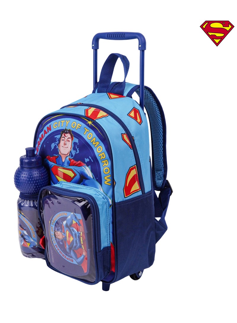 Warner Bros. Super Man City Of Tomorrow Trolley 3 In 1 Set 13" I Trolley I Water Bottle I Lunch Box - Image 2