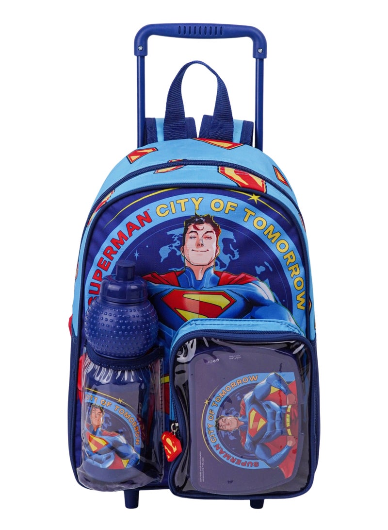 Warner Bros. Super Man City Of Tomorrow Trolley 3 In 1 Set 13" I Trolley I Water Bottle I Lunch Box - Image 1