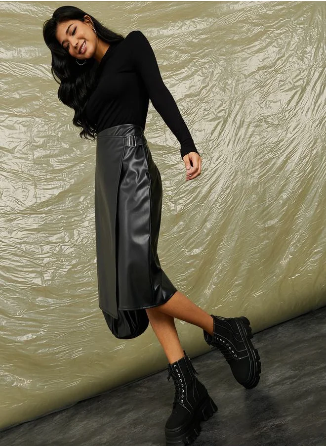 Styli Asymmetric Hem Leather Look Wrap Midi Skirt