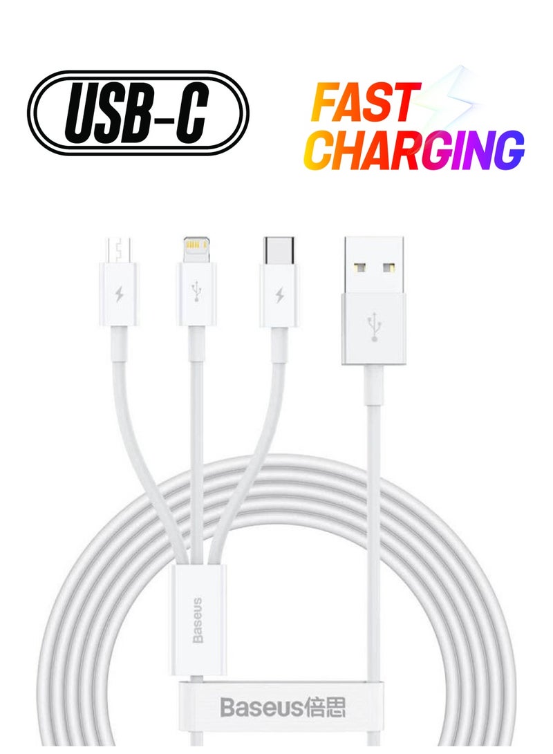 بيسوس كابل لنقل البيانات والشحن السريع من سلسلة سوبريور بمنفذ USB إلى M+L+C بقوة 3.5 أمبير وطول 1.5 متر أبيض - Image 1