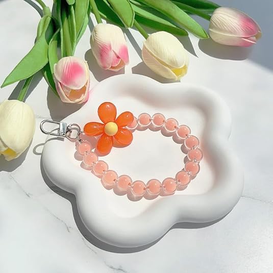 KHOLAD Mobile Phone Strap Pearl Beaded Flower Bracelet Creative Hanging Rope Keychain Anti-Lost Phone Case Lanyard Girl Women's Wrist Strap Phone Charms (Orange) - Image 3